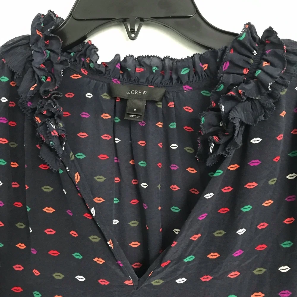 J. Crew Ruffle-neck Silk Top Lips Print